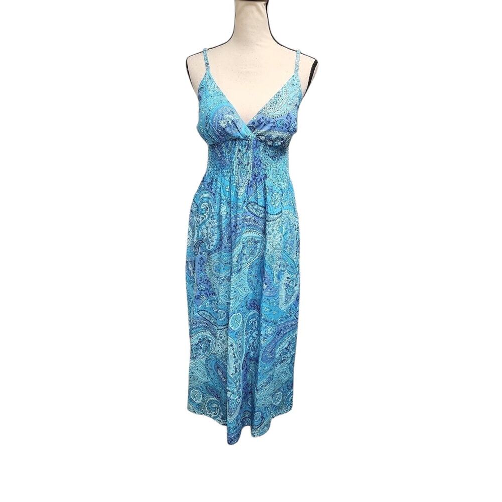 Derek Hart Paisley Midi Dress Women L Blue Sleeveless Babydoll Resort NWT